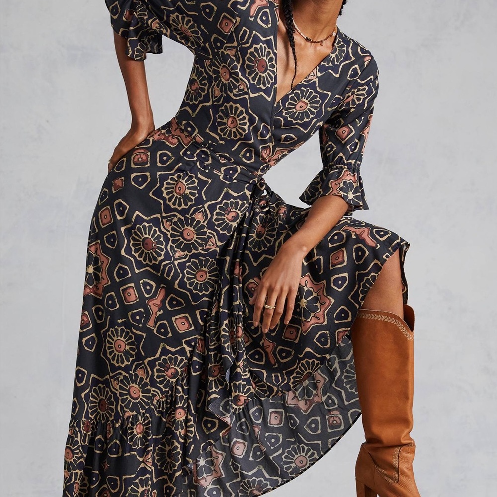 Let Me Be Anthropologie Beaded Wrap Midi Dress Size Large